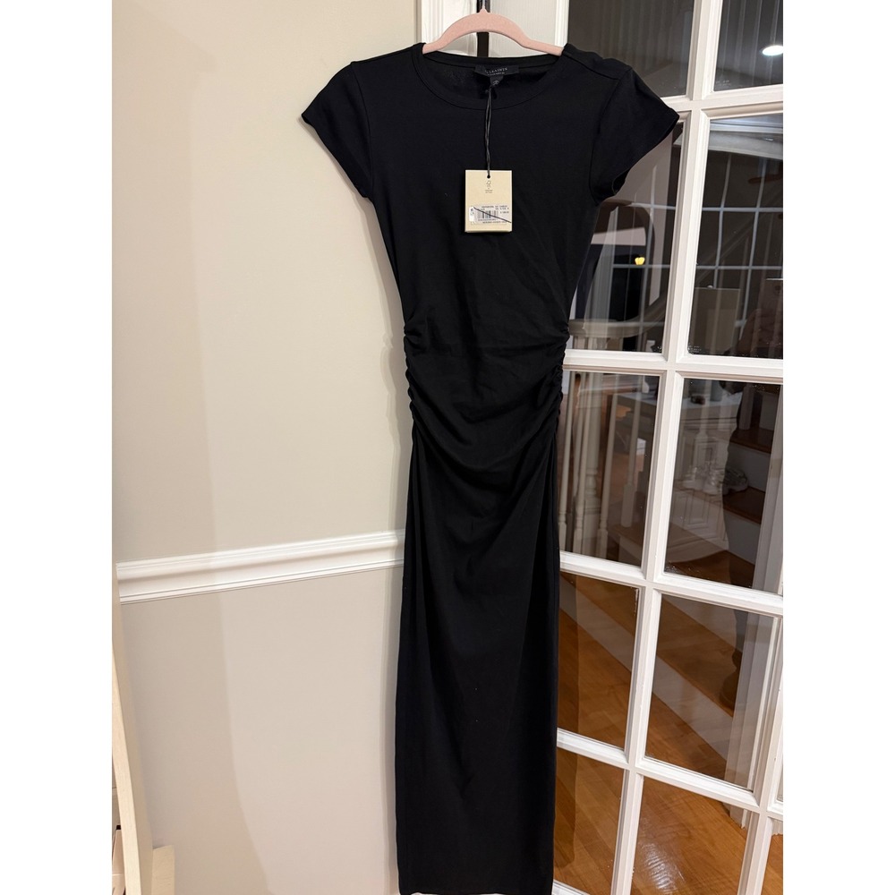 AllSaints Katarina SS Dress Black Ruched Midi Short Sleeve Size US 4 NEW